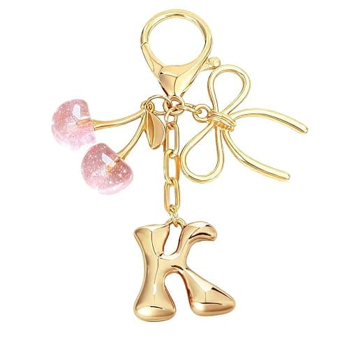 Snycler Bubble Initial Keychain with Bow & Cherry - Gold Letter Bag Charms for Women, Cute Purse Handbag Accessories - Image 1