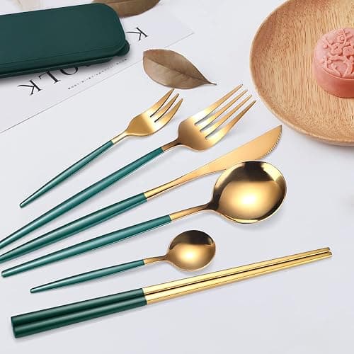 AARAINBOW 8 Pieces Stainless Steel Flatware Set Portable Reusable Cutlery Set Travel Utensils Set Including Chopsticks Knife Fork Spoon Straws Cleaning Brush Dishwasher Safe (Green Golden) thumbnail 9