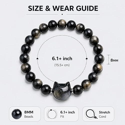 Beaded Bracelets for Women, Black Obsidian Money Attraction Bracelet, 8mm Healing Relax Anxiety Luck Crystal Bead Bracelets, Adjustable Jewelry Feng Shui Stretch Bracelet Cat Lover Gifts for Women Men thumbnail 6