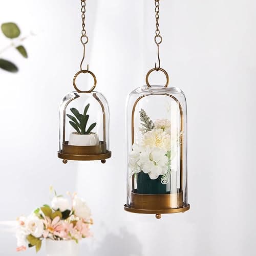 5" & 4" Wide Versatile Metal Candle Holder with Handmade Sturdy Glass Dome in Brass for Pillar Candle & Plants, 5.1" xH11.8 4" xH7.5, Industrial, Farmhouse, Shabby Chic. (2, Brass, Large & Small) thumbnail 6