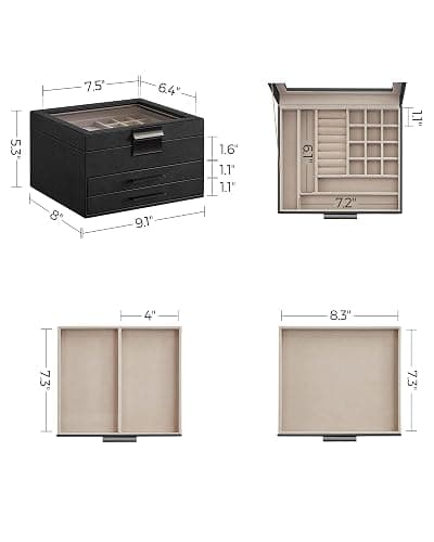 SONGMICS GISELLA Collection - Jewelry Box Organizer, 3-Layer Jewelry Storage with 2 Drawers, Shiny Metal Hardware, Glass Lid, Modern, 8 x 9.1 x 5.3 Inches, Ink Black and Silver UJBC239BK thumbnail 2