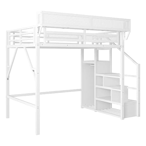 Mirightone Full Size Loft Bed with Stairs and Storage, Metal Loft Bed Frame with Bedside Shelf and Large Under-Bed Space, Heavy-Duty Loft Beds for Adults Teens and Kids, Convertible Staircase, White thumbnail 8