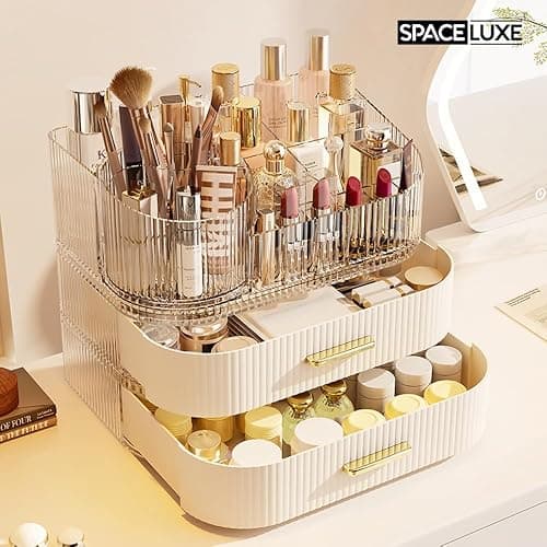 SpaceLuxe Makeup Organizer with Drawers and 360° Rotating Brush Holder, Large Capacity Cosmetic Storage for Vanity, Skincare, Perfume, Hair Accessories, Lipstick & Jewelry (Cream White, 3-layer) thumbnail 4
