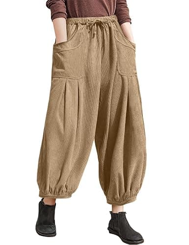 TARSE Womens Corduroy Pants Harem Casual Loose Fit Baggy Elastic Waist Lantern Fall Pants with Pockets - Image 1