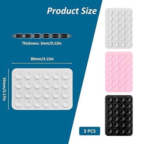 3PCS Phone Suction Pad Sticky Case for Wall Phone Holder Sticky Case Double Sided 24 Suction Pad Anti-Slip Hands-Free for Shower Mirror Glass Car Selfies Videos (Black White Pink) thumbnail 2