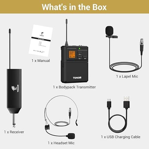 TONOR UHF Mikrofon Kabellos Set mit Headset Kopfbügel Funkmikrofon/Lavalier Ansteckmikrofonen Bodypack Transmitter, Empfänger, 6,35mm Ausgang 60 m Reichweite für Live-Auftritte, TW621, 1 Mikrofon thumbnail 9