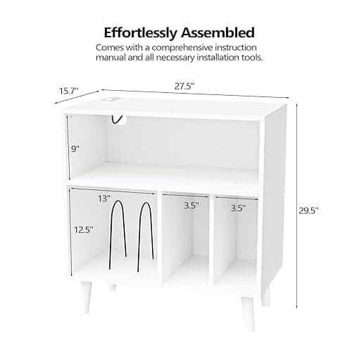VINGLI Record Player Stand with Open Vinyl Storage, Mid-Century Album Storage Table with LED Light up to 300 Albums, Vinyl Record Player Shelf with Power Outlet for Living Room, White thumbnail 3
