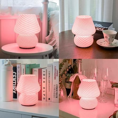 ULAROOM Battery Operated Mushroom Lamp-Cute Small Pink Aesthetic Table Lamp with Timer,Cordless Bedside Lamp for Girl Gifts,Glass Decorative Lamp for Bedroom/Entryway/Shelf/Desk Decor/Dorm/Office thumbnail 7