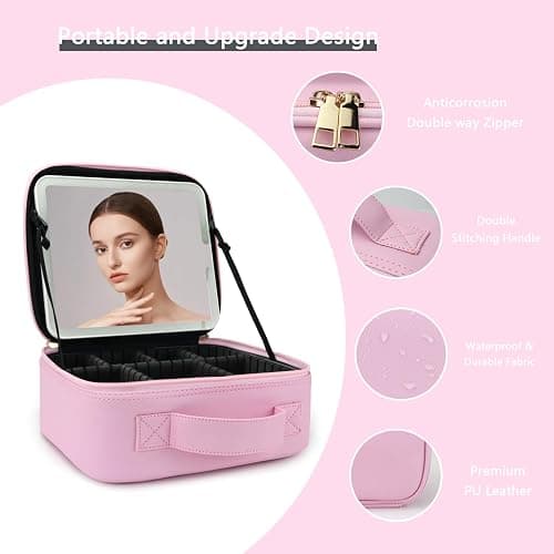SUILU Makeup Bag with Led Mirror,with 3 Color Setting,Portable Storage and Adjustable Dividers Travel Makeup Bag, for Women and Makeup Artists Large Vanity Makeup Cases-Light Pink thumbnail 4