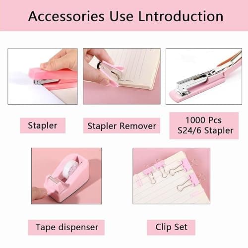 Office Supplies,Pink Desk Accessories,Office Supplies Set,Stapler and Tape Dispenser Set,Scissors,Staple Remover,Binder Clips,Staples,Ballpoint Pen,Index Tabs with Ruler,Clear Tape.9pcs for Office thumbnail 4