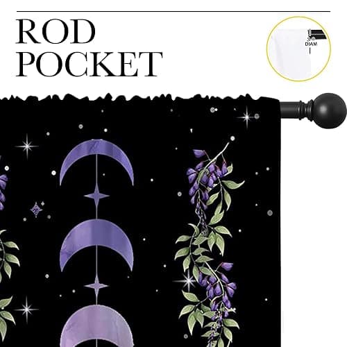 Purple Boho Floral Flower Rod Pocket Blackout Curtains for Boy Girl Bedroom,Moon Phase Moonlit Garden Witchy Gothic Aesthetic Light Filtering Window Drapes for Living Room Home Decor Privacy,42x63in thumbnail 5