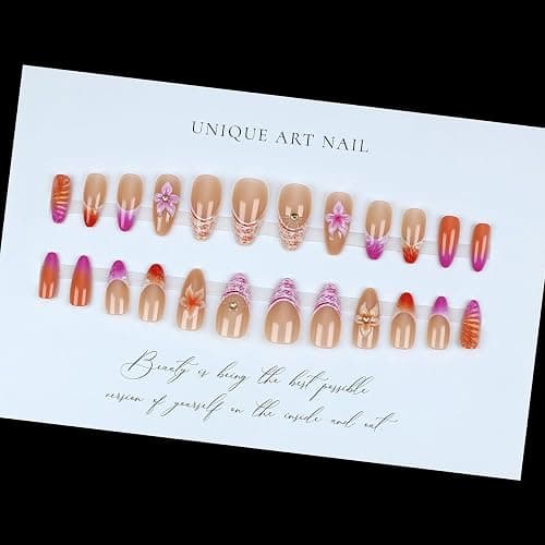 LPOODDNU Colorful French Tip Press on Nails - Medium Almond Fake Nails with 3D Flower Ocean Designs, Glossy Finished Reusable False Nails with Adhesive Glue Tabs - 24Pcs Nail Kit for Women Manicure thumbnail 5