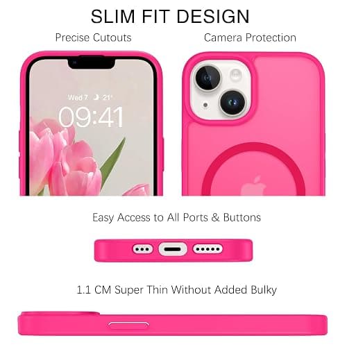 BENTOBEN for iPhone 13 Phone Case and iPhone 14 Magnetic Case [Compatible with Magsafe] Slim Translucent Matte Design Shockproof Bumper Drop Protective Cute Girls Women Boys Men 13/14 Cover, Hot Pink thumbnail 8