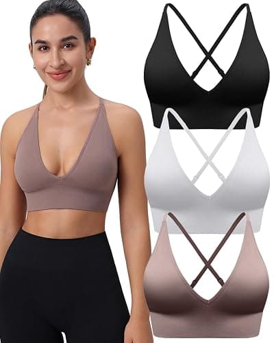 Women's V Neck Sports Bras, Adjustable Seamless Wireless Padded Bralettes | Removable Pads, Convertible Straps, Supportive, A-D Cup, 2 Way Back, Triangle Cup, Bras Set, For Yoga Pilates Workout Gym - Image 1