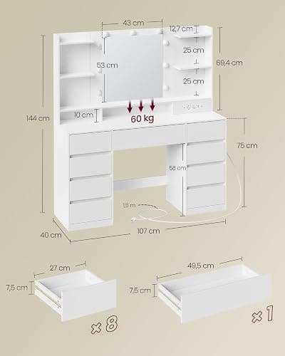 VASAGLE Kailyn Kollektion - Schminktisch mit Spiegel und LED-Leuchten, Steckdosenleiste, 9 Schubladen, 9 dimmbare Glühbirnen, 3 Lichtfarben, werkzeuglose Gleitschienen, wolkenweiß RDT141WB02 thumbnail 2