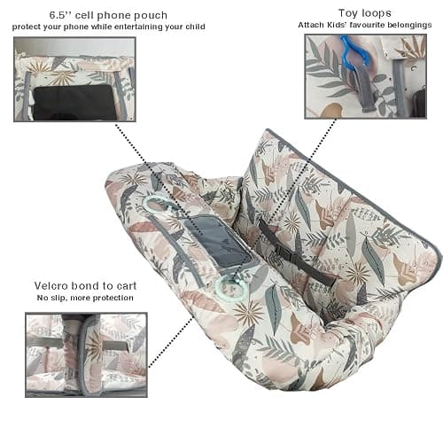 Shopping Cart Cover for Baby, 2 in 1 High Chair Cover for Restaurant seat & Grocery Cart Cover for Babies, Thick Padded with Clear Phone Pouch, Machine Washable, Leaves thumbnail 4