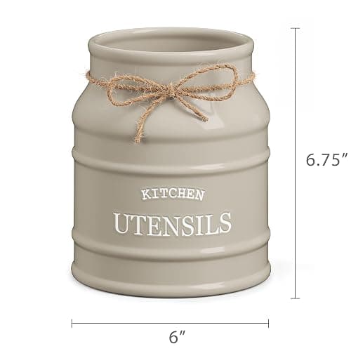 Barnyard Designs Ceramic Farmhouse Utensil Holder for Kitchen Counter, Large Rustic Utensil Crock, Countertop Cooking Tool Spatula Organizer, 6.75” (Taupe) thumbnail 3