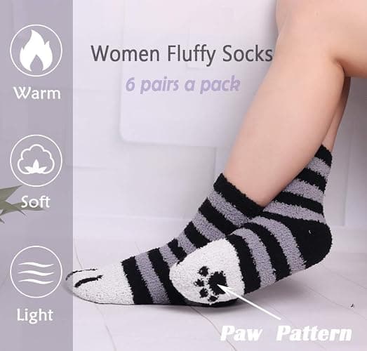 Fluffy Socks for Women - 6 Warm Pairs Winter Cozy Girls Super Soft Fuzzy Home Bed - One Size - 6 Pairs Paw thumbnail 3