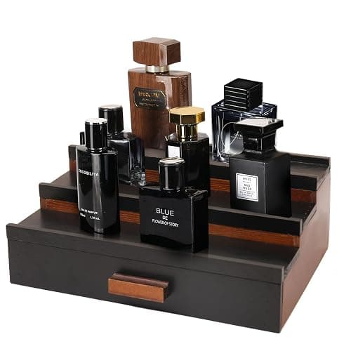 Fengligoo Cologne Organizer for Men - 3 Tier Wooden Cologne Perfume Display Stand with Drawer and Compartment, Mens Cologne Holder Shelf for Organization and Storage,Black Brown - Image 1