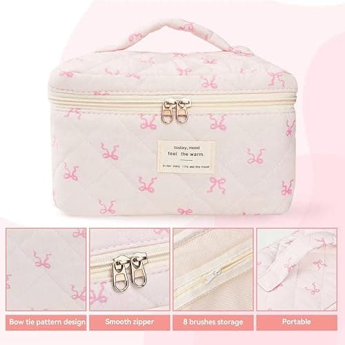 MZLUWM Large Travel Quilted Makeup Bag，Cute Bow Cotton cosmetic bag, Fashionable aesthetic makeup bag,Coquette Aesthetic Floral Travel Toiletry Bag for Women and Girls thumbnail 5