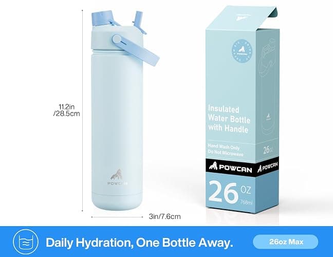 POWCAN 26 oz Insulated Water Bottle with 2-in-1 Straw and Spout Lid, Keep Cold 24H, Leak-Proof, Fits in Car Cup Holder, Stainless Steel Water Bottle for Sports, Travel, and School (Sea Breeze) thumbnail 3