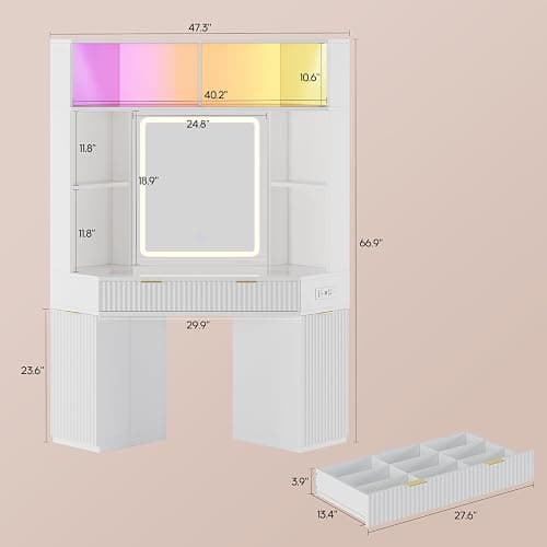 HAUOMS Corner Vanity, with Bag Showcase, LED Lights, Fluted Wood Luxury Makeup Vanity Desk with Mirror, Big Dressing Table with Glass Top, Cabinets, Shelves, Drawers, Charging Station, White thumbnail 2
