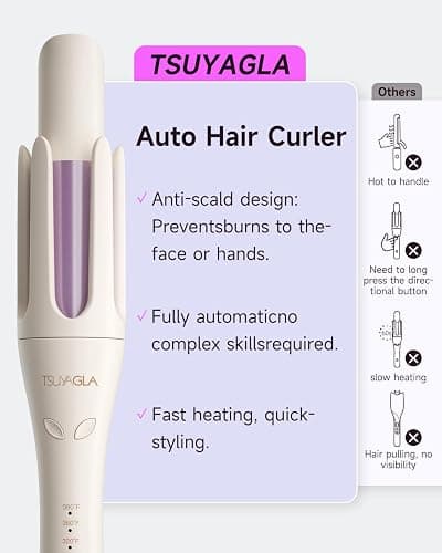 TSUYAGLA Automatic Hair Curler, 1 1/4 Inch Rotating Curling Iron with 3 Temp, 500 Million Ionic, 2-Way Rotation,10S Fast Heating, Anti-Scald, Anti-Tangle Rotating Curling Wand for Long Hair thumbnail 3