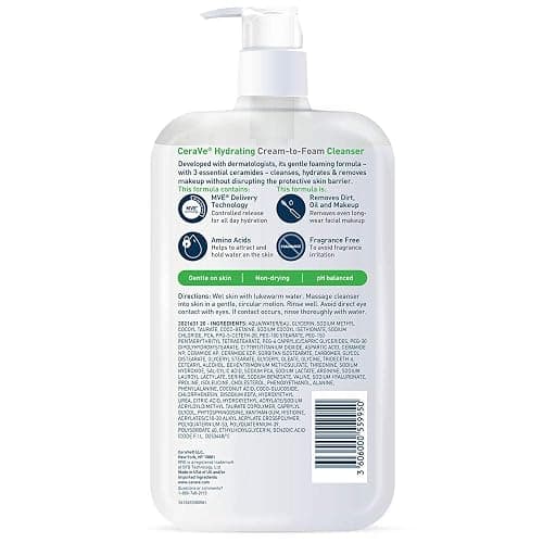 CeraVe Hydrating Cream To Foam Cleanser, Makeup Remover Face Wash For Dry Skin, Foaming Facial Cleanser With Hyaluronic Acid, Normal To Dry Skin, Fragrance Free & Non Comedogenic, 19 Fluid Ounce thumbnail 11