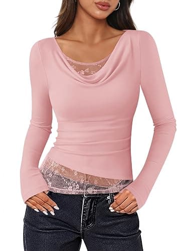 ZESICA Women's Fall Long Sleeve Tops 2025 Casual Cowl Neck Lace Slim Fit Going Out Y2k Knit Shirts Blouses - Image 1