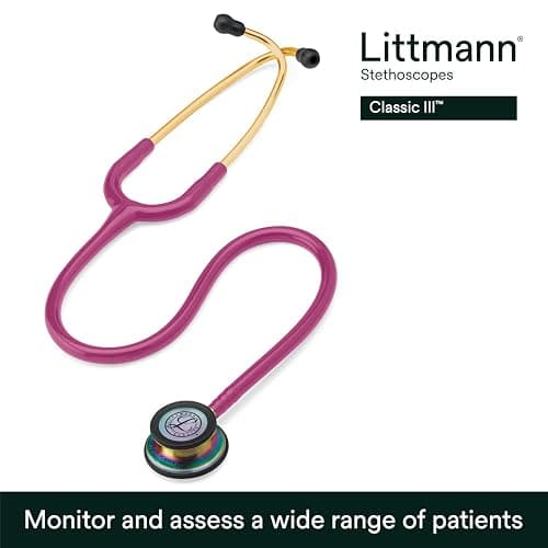 3M Littmann Classic III Monitoring Stethoscope, 5806, More Than 2X as Loud, Weighs Less, Stainless Steel Rainbow-Finish Chestpiece, 27" Raspberry Tube, Brass Stem and Headset thumbnail 2