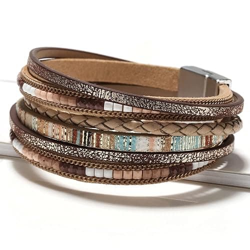 Fesciory Leather Wrap Bracelets for Women, Boho Leopard Multi-Layer Crystal Beads Cuff Bracelet Jewelry thumbnail 2