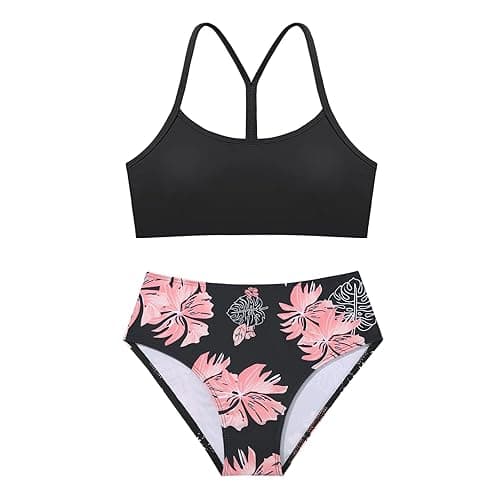 Weixinbuy Girls Swimsuits Bikini Set Kids Bathing Suit Bikini Top Bottom 2Pcs Teen Girls' Swimwear Set - Black - 9-10 Years