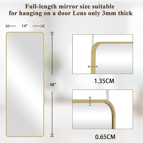 VooBang 14"x48" Full Length Over The Door Mirror - Aluminum Alloy Frame Full Body Mirror with Height-Adjustable Hangers, Hanging Leaning Against Wall for Dorm, Gold thumbnail 6