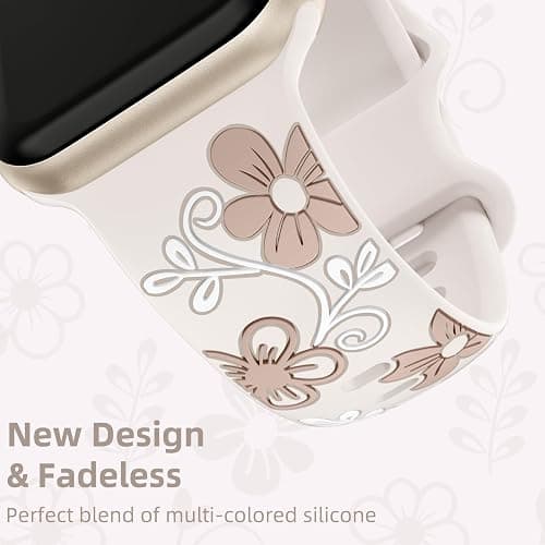 Witzon Floral Band Compatible with Apple Watch Bands For Women 40mm 41mm 38mm 42mm 44mm 45mm 46mm 49mm, Engraved Cute Flower Silicone Dressy Strap for iWatch Series 11 10 9 8 7 6 5 4 3 2 SE Ultra thumbnail 7
