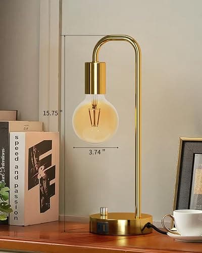 ONEWISH Industrial Table Lamp with 2 USB Port, Stepless Dimmable Nightstand Bedside Lamps for Bedroom,Desk Lamps with 2700K Gold Gradient Bulb for Reading Living Room thumbnail 7