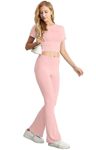 IWOLLENCE Loungewear Sets for Women UK Two Piece Outfit Short Sleeve Crop Top and High Elastic Waist Wide Leg Trousers Co Ord Set - Pink - S thumbnail 5