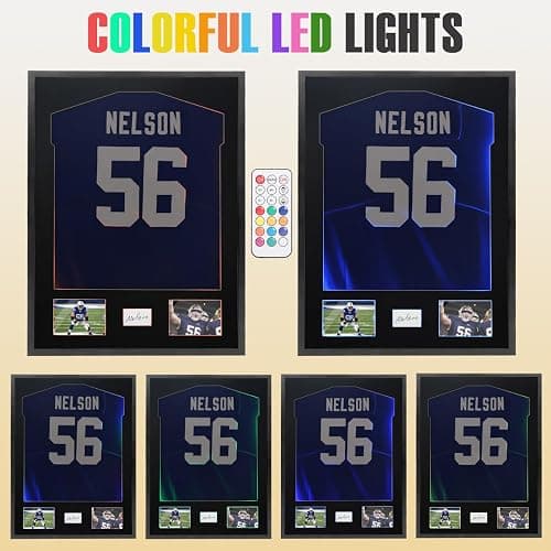 Snail 32"x24" Jersey Frame Display Case Wooden Wall Mounted Shadow Box for Baseball Basketball Football Soccer Hockey Sport Shirt, Plus Displaying Two Idol's Photos and One Signature, Black Finish - Matt Black(with Lights) thumbnail 5