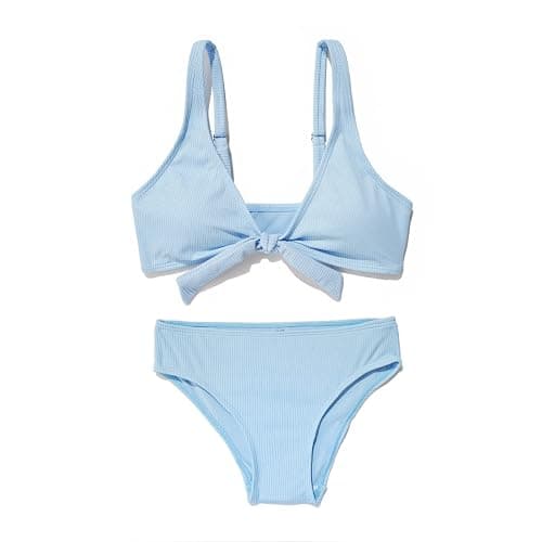 MIENOE Teen Girls' Swimsuits Two-Piece V-Neck Bikini Adjustable Shoulder Straps Swimsuit Kids Bikini with Chest Pad - Image 1