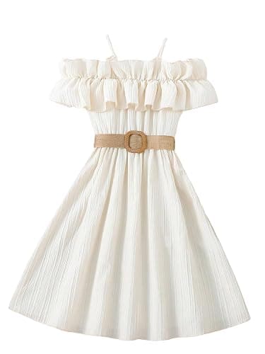 Floerns Girls Cold Shoulder Ruffle Trim Short Sleeve Belted A Line Midi Dress - Image 1