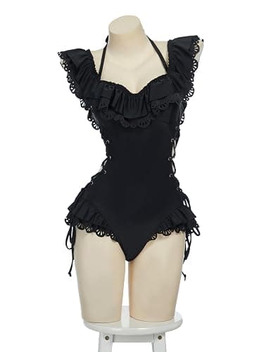 MEOWCOS Women One Piece Swimsuits Retro Victorian Style Swimsuit Gothic Halter Bathing Suit thumbnail 3