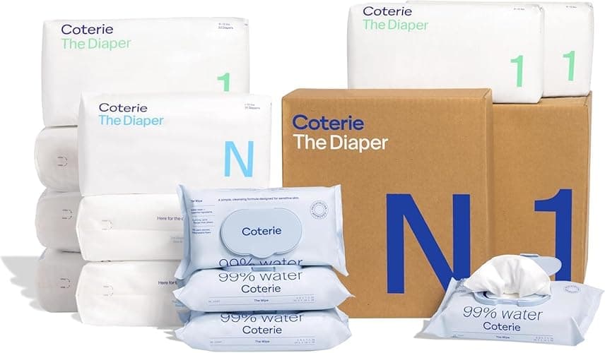 Coterie Baby Wipes + Diapers Kit, Size 1 (198 Count) & Size Newborn Diapers (93 Count), 4 Pack (224) Wipes with 99% Water, Plant Based Materials, Hypoallergenic for Sensitive Skin, Baby Essentials - Size 1 (198 Count) + NB (93 count) + Wipes (4 Pack)