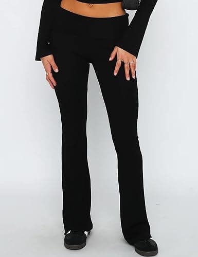 Women Flare Skinny Leggings Fold Over Pants Bootcut Bell Bottom Yoga Pants | Low Rise Foldover Flared Leggings Wide Leg Flare Sweatpants Joggers Casual Leisure Stretchy Flared Pant Y2K Going Out Bottoms thumbnail 2