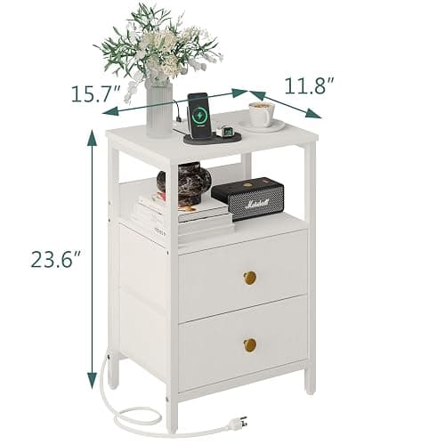 JOONEE White Nightstand with Outlet and LED Lights, Modern Bedside Table with Drawers, Small Night Table for Living Room, Bedroom thumbnail 3