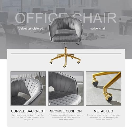 Nrizc Velvet Office Desk Chair, Grey, Adjustable Swivel Wheels, Ergonomic Design for Home Office, Bedroom, Study thumbnail 4