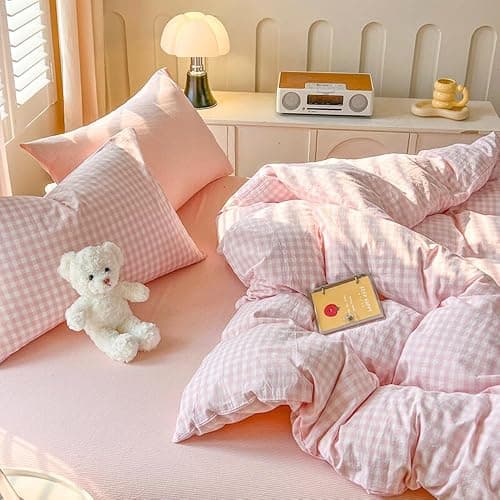 Michorinee Double Duvet Cover Set Pink White Plaid Pattern Country Style Bedding Set with Zipper Closure Aesthetic Cute Gingham Grid Washed Microfibre Girls Quilt Cover with 2 Pillowcases 50x75 cm thumbnail 4
