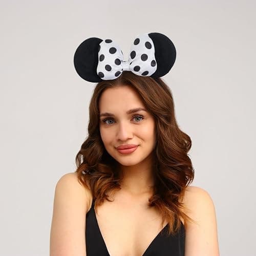 Jeffan Mouse Ear Headband with 3D Cotton Bow, Polka Dot Bow Mouse Party Costume Accessories for Women Girls (Black) thumbnail 5