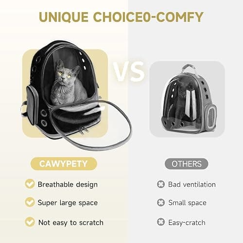 Cawypety Cat Backpack Carrier, Breathable Cat Carrier Large Space Bubble Pet Backpack for Kitty Small Dog up to 12lbs, Transparent & Foldable Pet Carrier for Travel Hiking (Black thumbnail 2