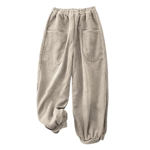 HGps8w Women's Vintage Baggy Corduroy Pants, Elastic Waist Pull On Retro Loose Harem Trousers with Pockets - Image 1