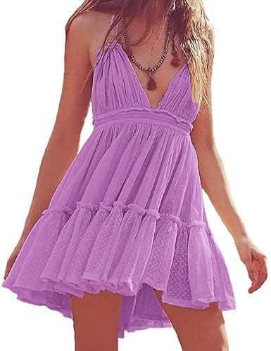ForeMode Summer Deep V Neck Bohemian Women Mini Short Dress Backless Beach Boho Dress - Medium Rose Red thumbnail 6