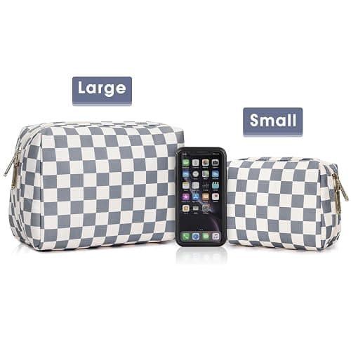 Narwey Checkered Makeup Bag Travel Cosmetic Bag Organizer Toiletry Bag Make Up Bags with Compartments for Women Girls (Large, Grayish Blue Checkerboard) thumbnail 7